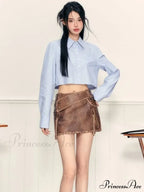 Pu Leather High Waist A-Line Trendy Zipper Design Belted Mini Skirt