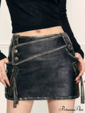 Pu Leather High Waist A-Line Trendy Zipper Design Belted Mini Skirt