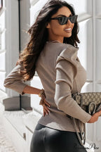Puff Pearl Trim With Arm Gray Top Ribbed Neckline