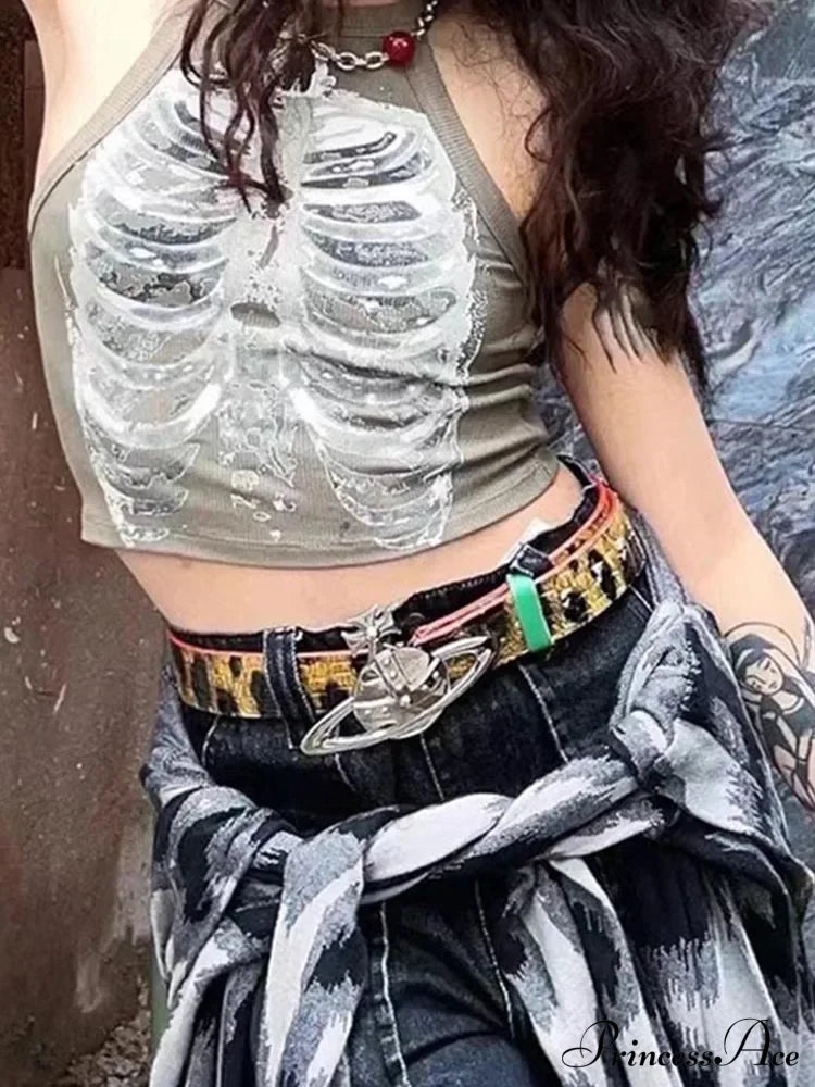 Punk Aesthetic Cyber Retro X-Ray Skeleton Print Sleeveless Vest Armygreen Crop Designer Clothes Women Summer Emo Tank To