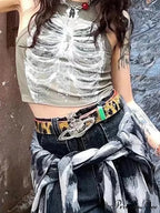 Punk Aesthetic Cyber Retro X-Ray Skeleton Print Sleeveless Vest Armygreen Crop Designer Clothes Women Summer Emo Tank To