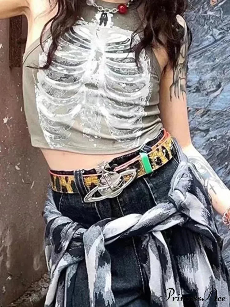 Punk Aesthetic Cyber Retro X-Ray Skeleton Print Sleeveless Vest Armygreen Crop Designer Clothes Women Summer Emo Tank To