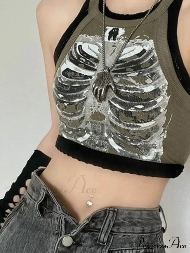Punk Aesthetic Cyber Retro X-Ray Skeleton Print Sleeveless Vest Armygreen Crop Designer Clothes Women Summer Emo Tank To