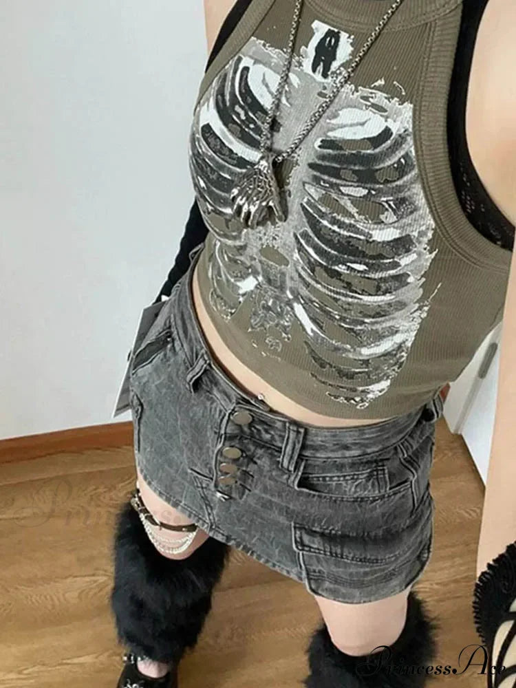 Punk Aesthetic Cyber Retro X-Ray Skeleton Print Sleeveless Vest Armygreen Crop Designer Clothes Women Summer Emo Tank To