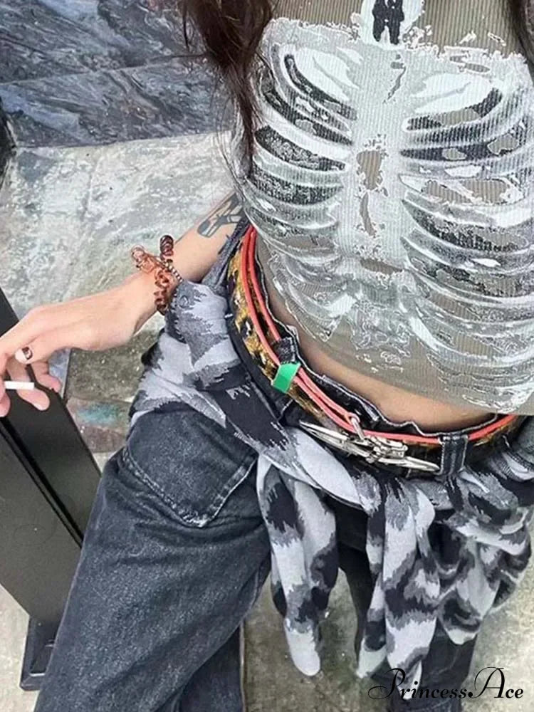Punk Aesthetic Cyber Retro X-Ray Skeleton Print Sleeveless Vest Armygreen Crop Designer Clothes Women Summer Emo Tank To