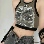 Punk Aesthetic Cyber Retro X-Ray Skeleton Print Sleeveless Vest Armygreen Crop Designer Clothes Women Summer Emo Tank To