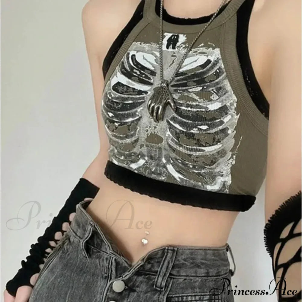 Punk Aesthetic Cyber Retro X-Ray Skeleton Print Sleeveless Vest Armygreen Crop Designer Clothes Women Summer Emo Tank To