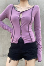 Purple Color Block Cutout Crew Neck Long Sleeve Tee