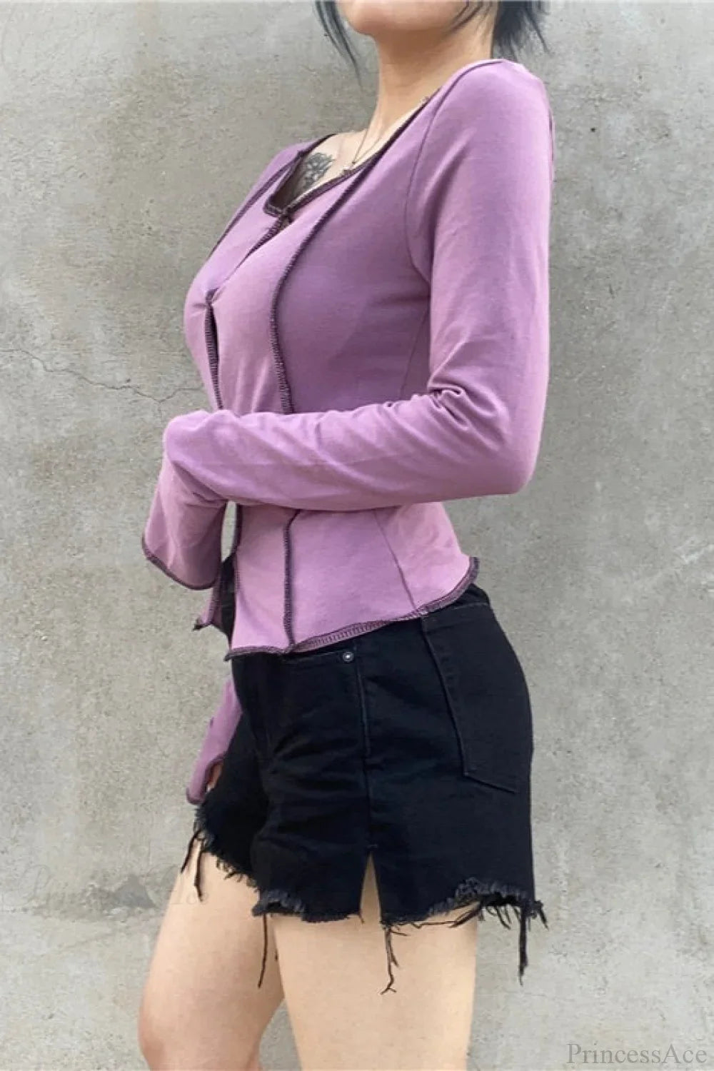 Purple Color Block Cutout Crew Neck Long Sleeve Tee
