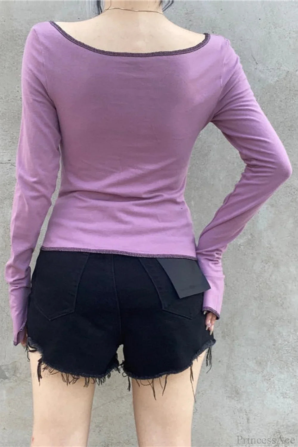 Purple Color Block Cutout Crew Neck Long Sleeve Tee