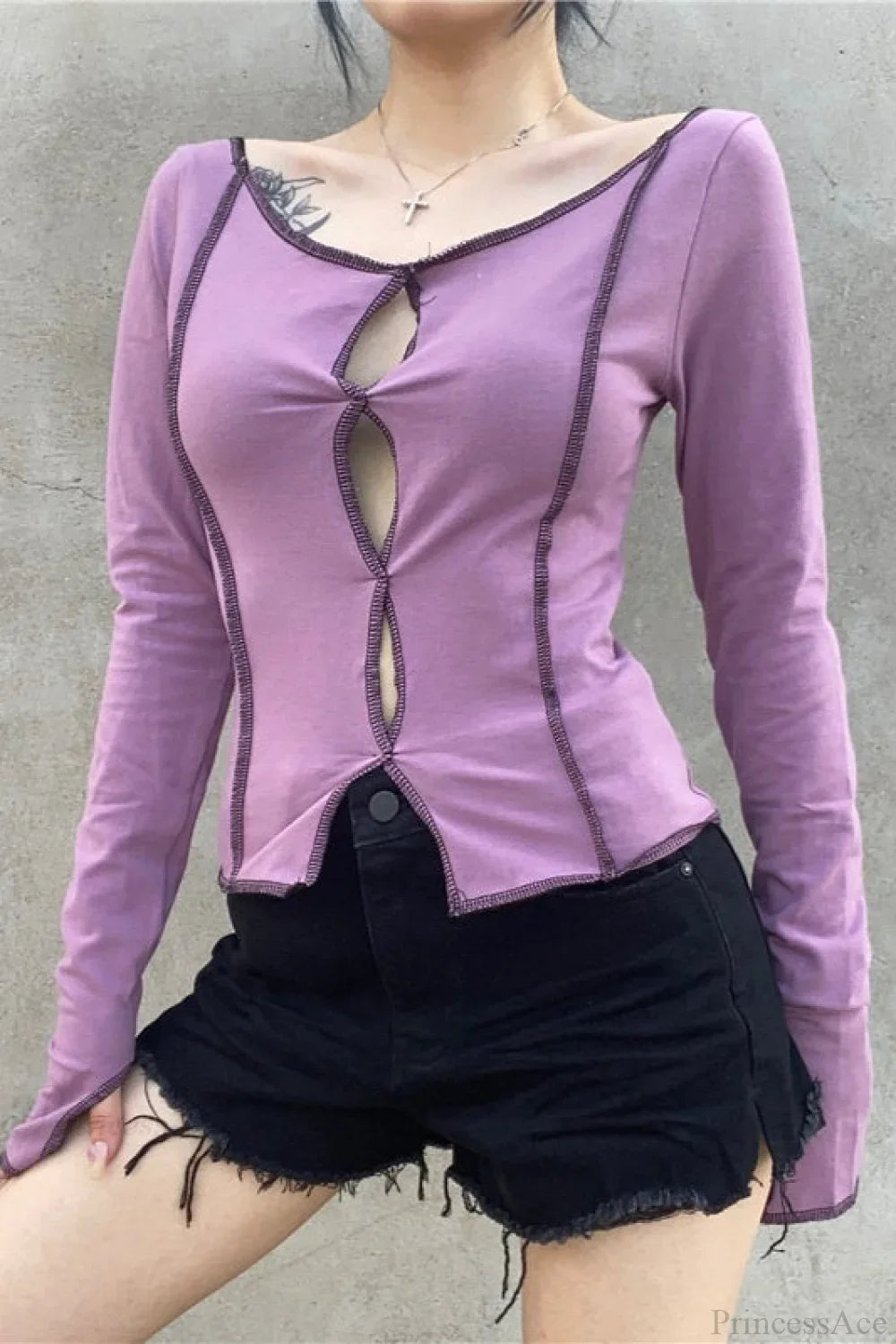 Purple Color Block Cutout Crew Neck Long Sleeve Tee