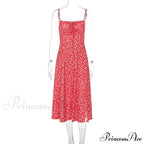 Red Floral Print Charming Strap Split Midi Dress