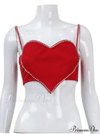 Red Heart Cut Out Graceful Rhinestone Strap Crop Top