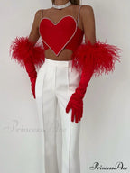 Red Heart Cut Out Graceful Rhinestone Strap Crop Top