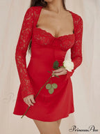 Red Lace Bustier Charming Long Sleeve Mini Dress
