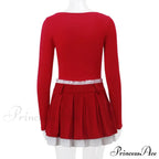 Red Long Sleeve Top Graceful And Pleated Mini Skirt Set