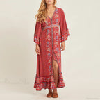 Red Rayon Floral Print V-Neck Adjustable Belt Boho Dress