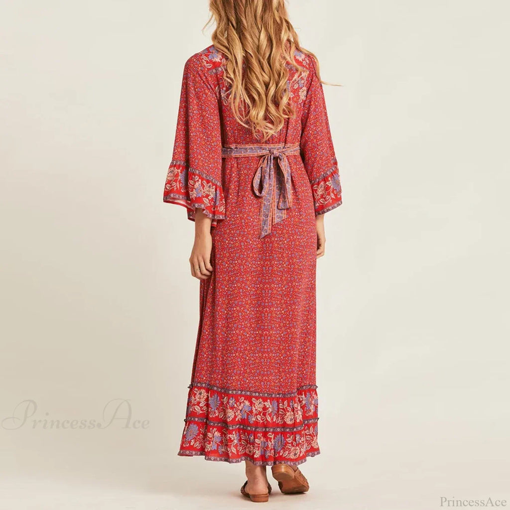Red Rayon Floral Print V-Neck Adjustable Belt Boho Dress