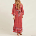 Red Rayon Floral Print V-Neck Adjustable Belt Boho Dress