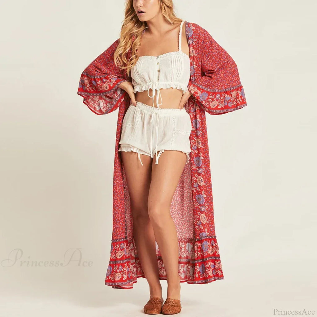 Red Rayon Floral Print V-Neck Adjustable Belt Boho Dress