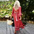 Red Rayon Floral Print V-Neck Adjustable Belt Boho Dress