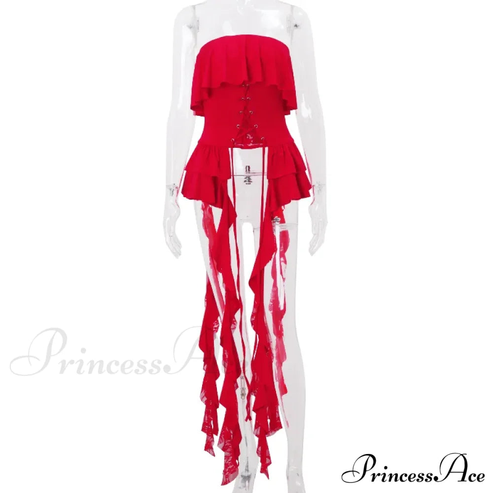 Red Ruffled Lace Charming Up Tube Top