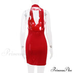Red Sequin Deep V-Neck Graceful Halter Bandage Mini Dress