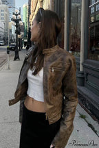 Retro Distressed Coffee Cropped Stand-Collar Pu Jacket