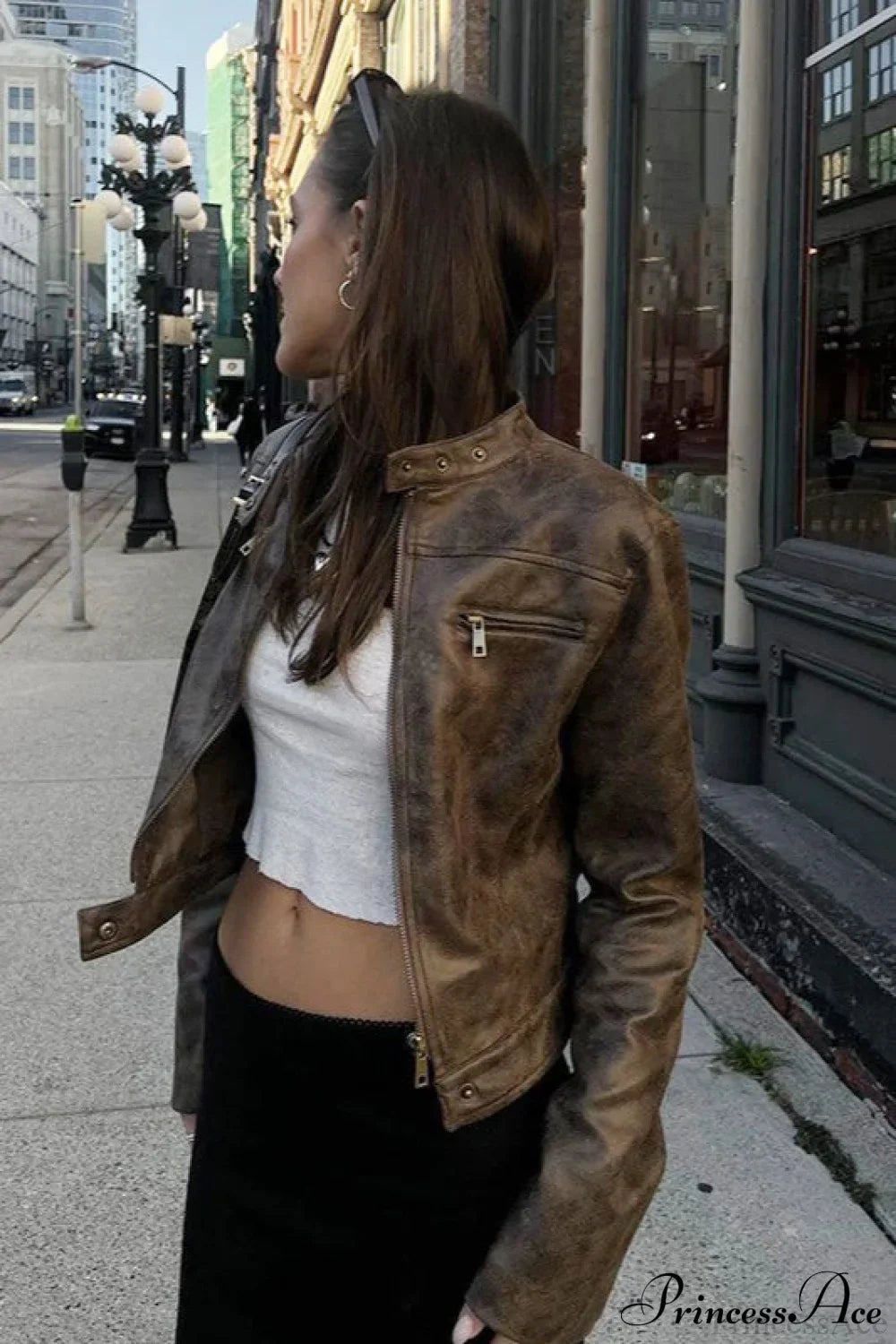 Retro Distressed Coffee Cropped Stand-Collar Pu Jacket