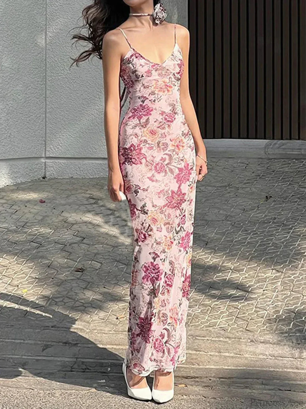 Retro Floral Print Cami Backless Wrap Dress
