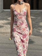 Retro Floral Print Cami Backless Wrap Dress