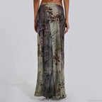 Retro Floral Print Long Patchwork Mesh Low Rise Skirt