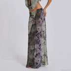 Retro Floral Print Long Patchwork Mesh Low Rise Skirt