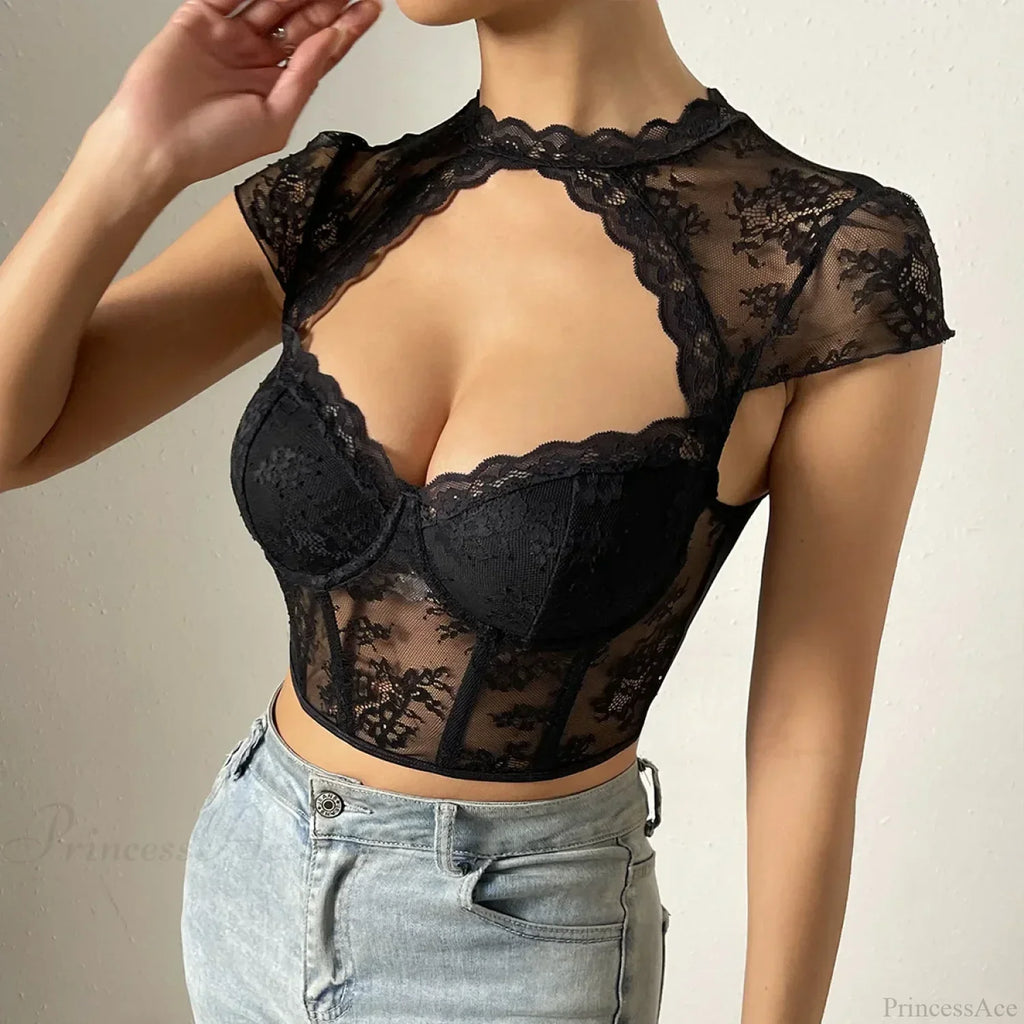 Retro Flower Lace Fishbone V-Neck Crop Top