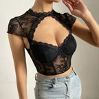 Retro Flower Lace Fishbone V-Neck Crop Top