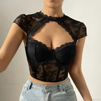 Retro Flower Lace Fishbone V-Neck Crop Top