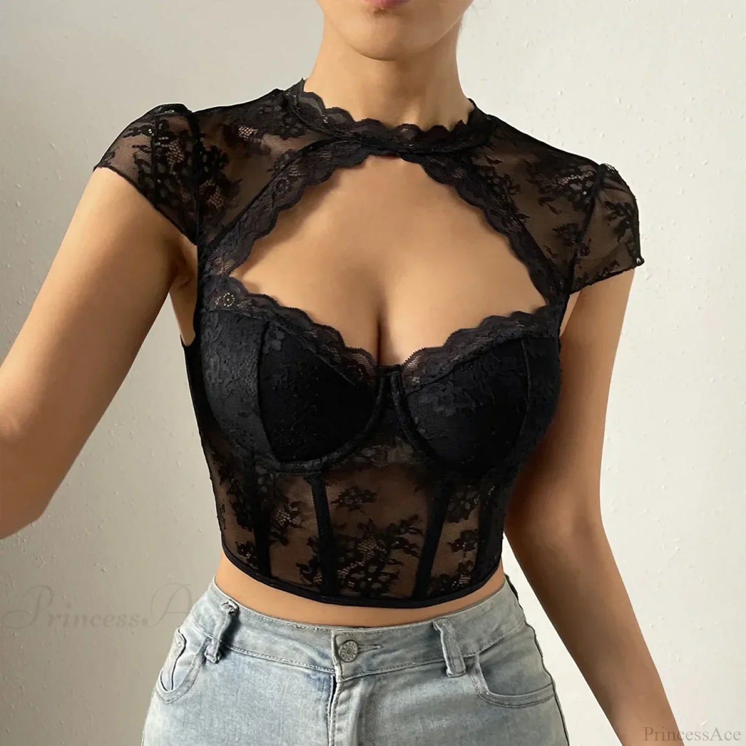 Retro Flower Lace Fishbone V-Neck Crop Top