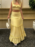 Retro Lace Trim Sleeveless Square Neck Tank Crop Top With Long Skirt Set