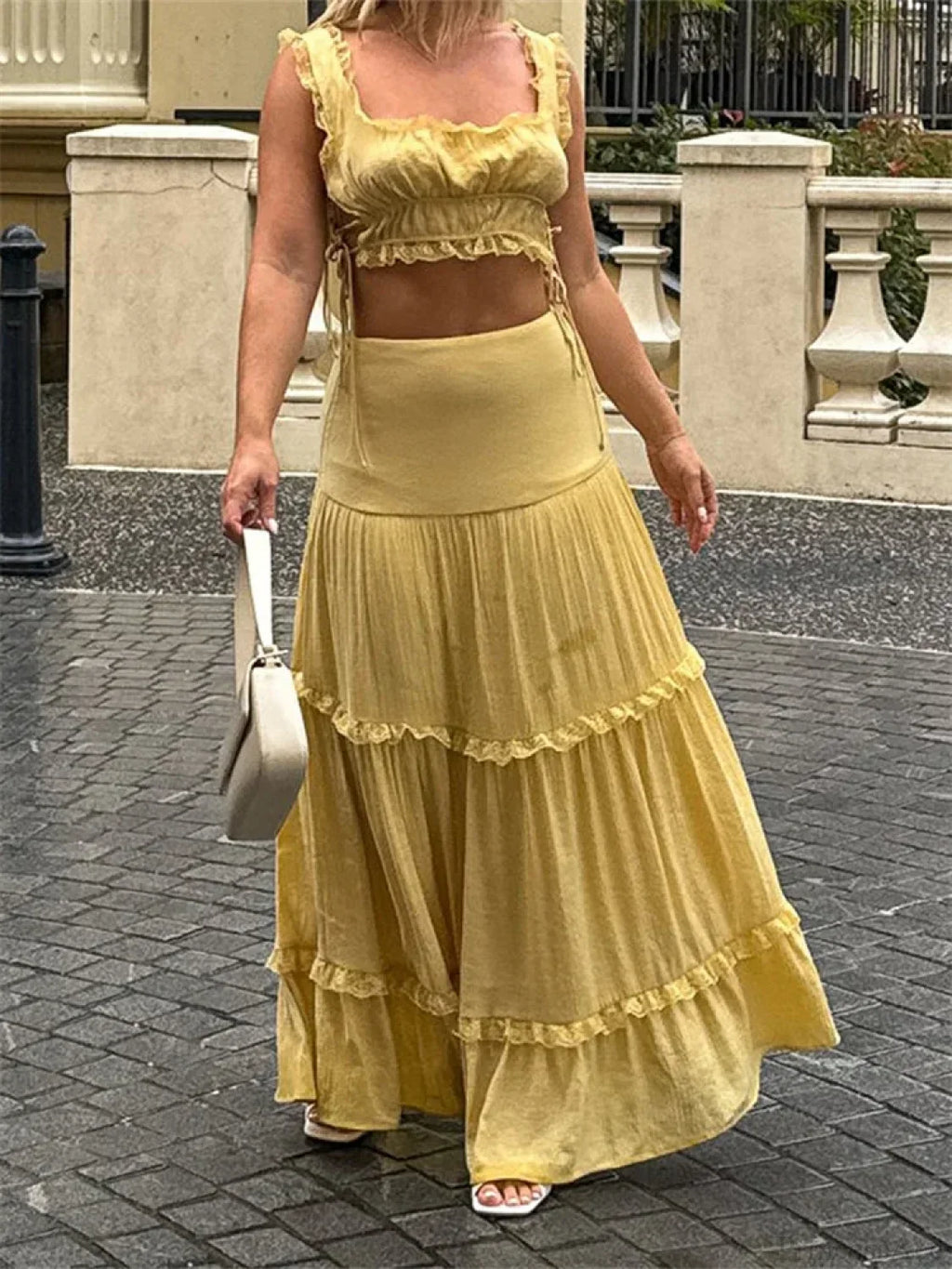 Retro Lace Trim Sleeveless Square Neck Tank Crop Top With Long Skirt Set