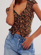 Retro Slim Fit Floral Button V-Neck Crop Top