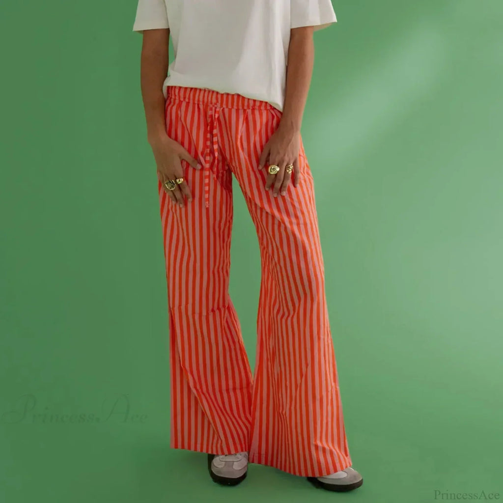 Retro Striped Button High Waist Straight Pant