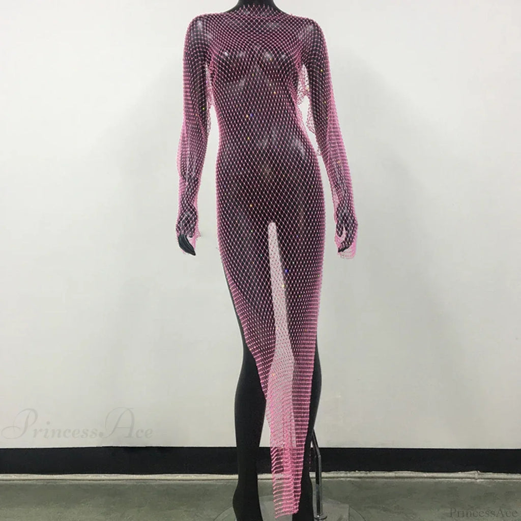 Rhinestone Fishnet Long Sleeve Party Dress