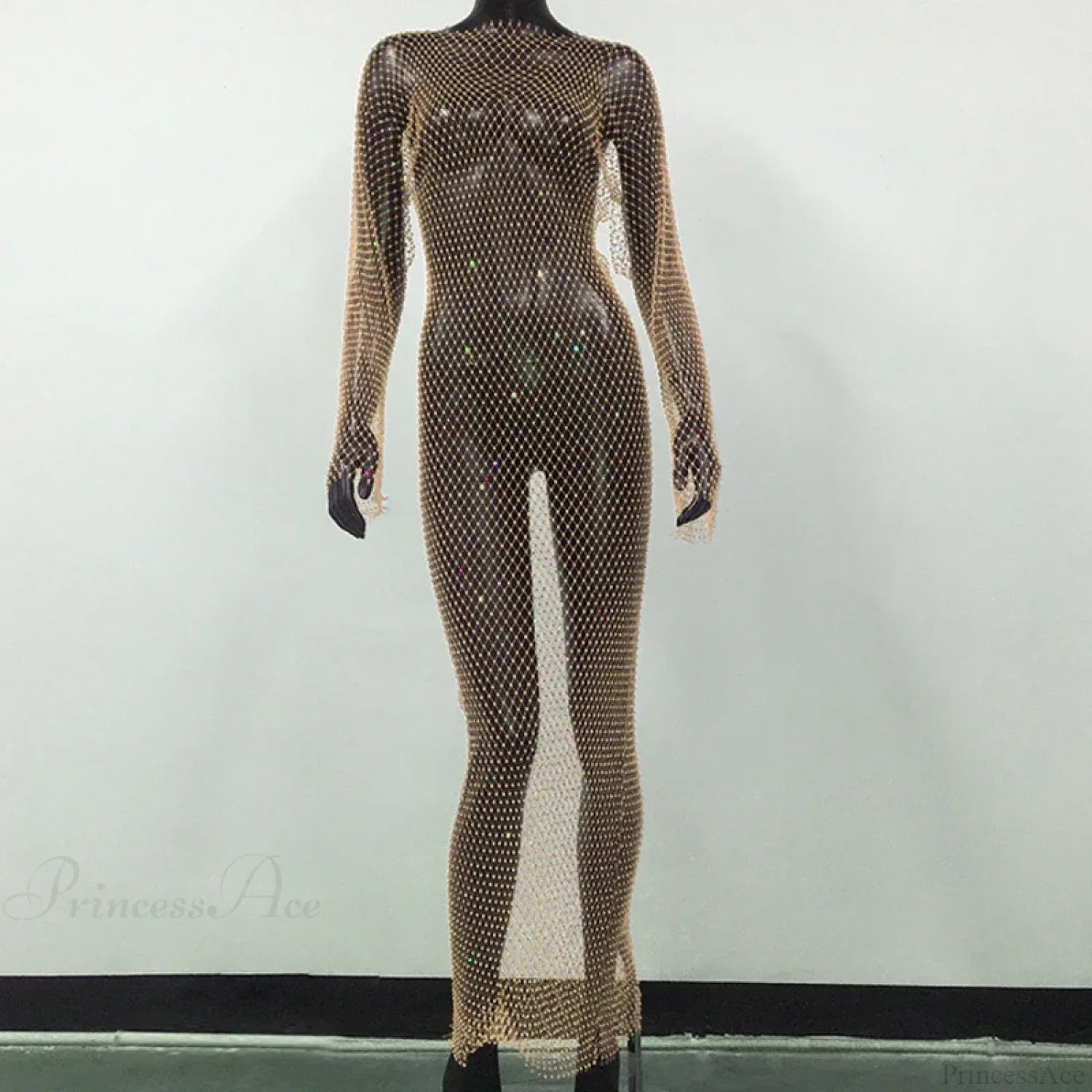 Rhinestone Fishnet Long Sleeve Party Dress