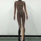 Rhinestone Fishnet Long Sleeve Party Dress