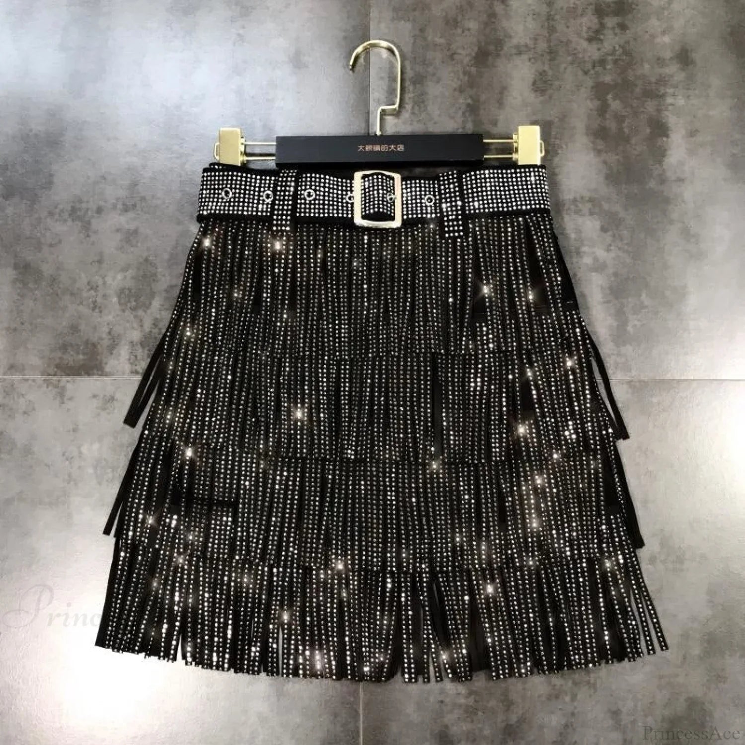 Rhinestones Tassel High Waist Belt Skirt