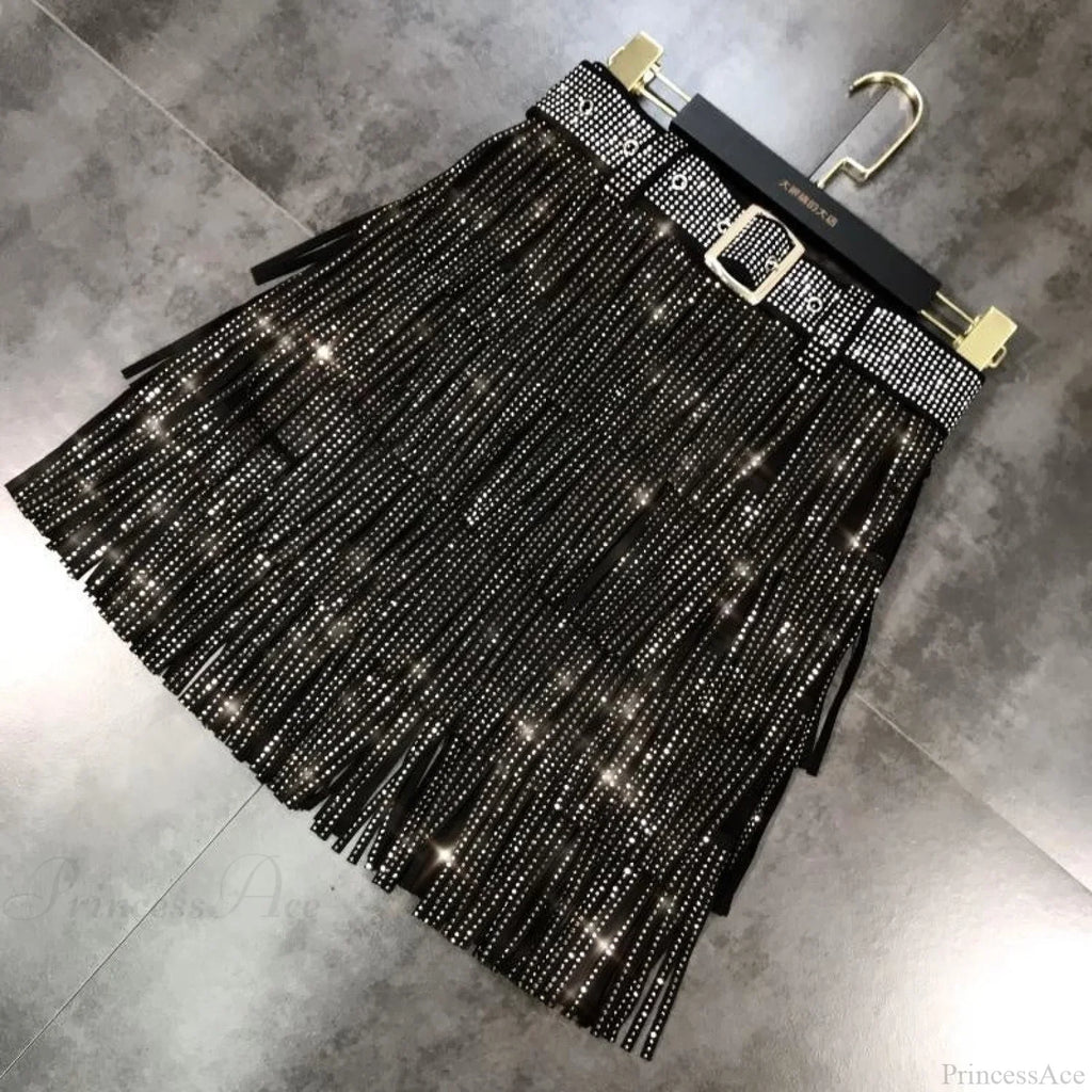 Rhinestones Tassel High Waist Belt Skirt