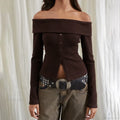 Rib Knitted Casual Long Sleeve Off-Shoulder Slim Fit T-Shirt Women