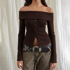 Rib Knitted Casual Long Sleeve Off-Shoulder Slim Fit T-Shirt Women