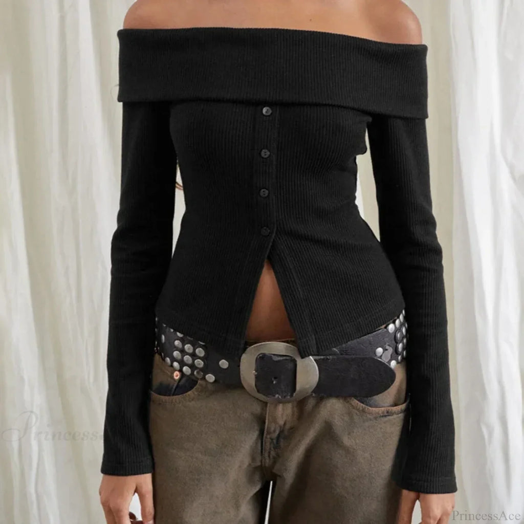 Rib Knitted Casual Long Sleeve Off-Shoulder Slim Fit T-Shirt Women