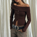 Rib Knitted Casual Long Sleeve Off-Shoulder Slim Fit T-Shirt Women